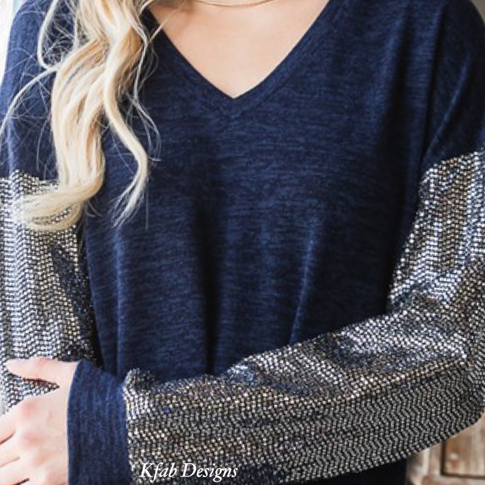 ❤️LAST! V Neck Midnight Blue Super Soft Sequin Sleeve Top! - Picture 16 of 16